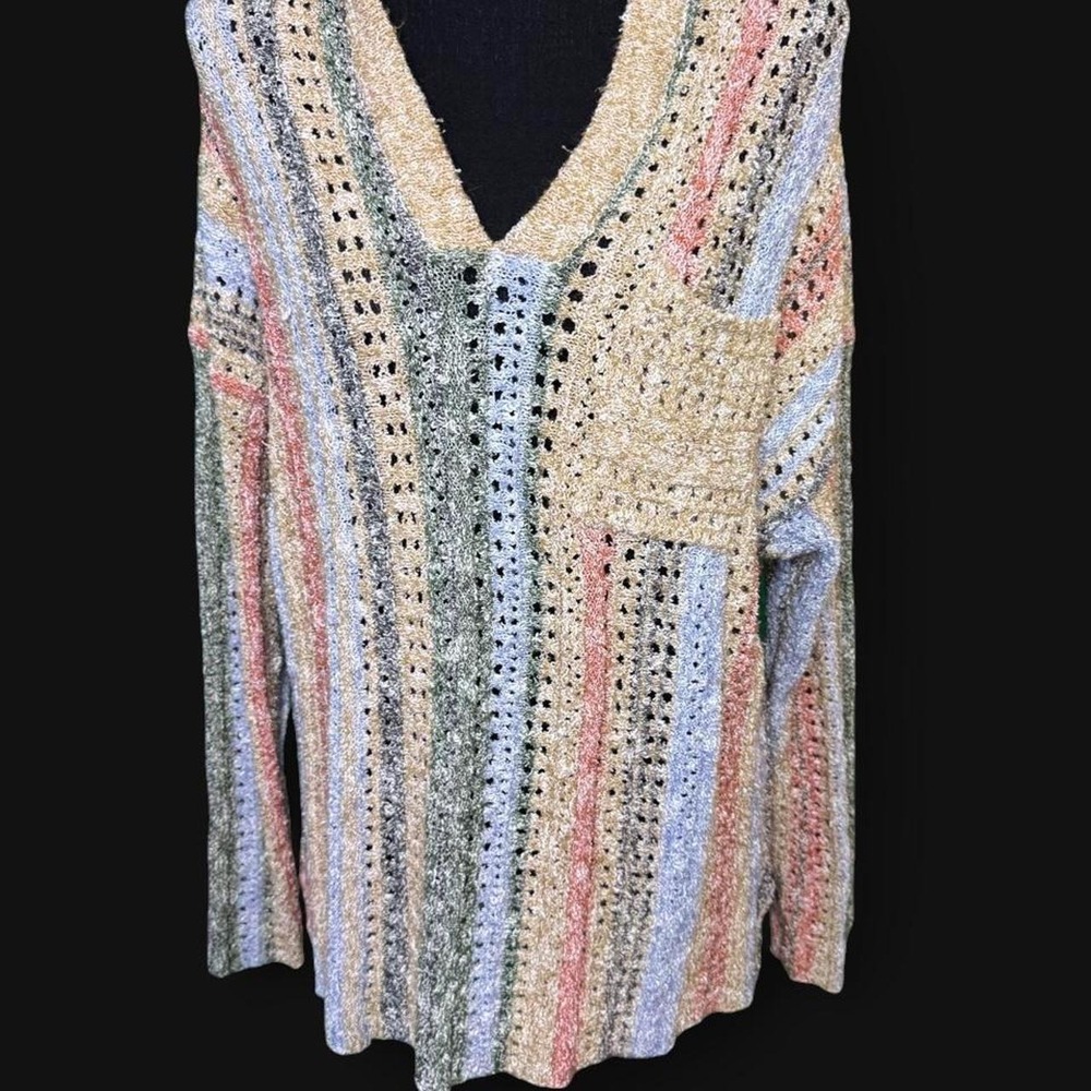 BKE Womens Multicolor Striped Open Knit Hooded Sweater V-Neck Boho Pullover M